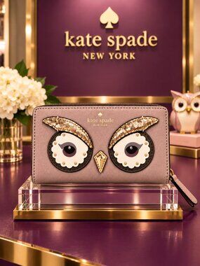 KATE SPADE New York Star Bright Owl Stacy Leather Bifold Wallet Cityscape Gray